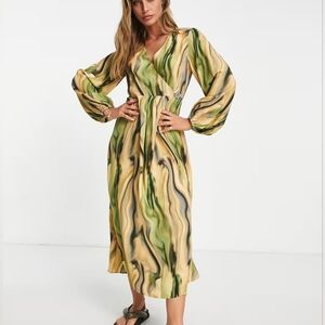 & Other Stories Wrap Midi Dress Tie Back Slit Womens Olive Wheat Marble Print 4